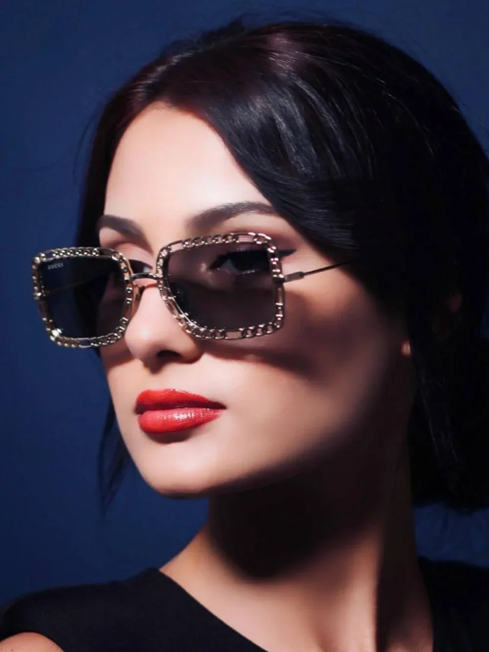 Gucci GG1112S 001 Square Sunglasses - Gold with Gold Chain/Grey